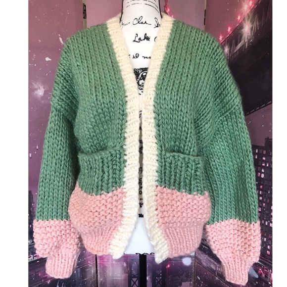 Cardigan sweater boho knit puff sleeve thick chic chunky green pink - Picture 3 of 14